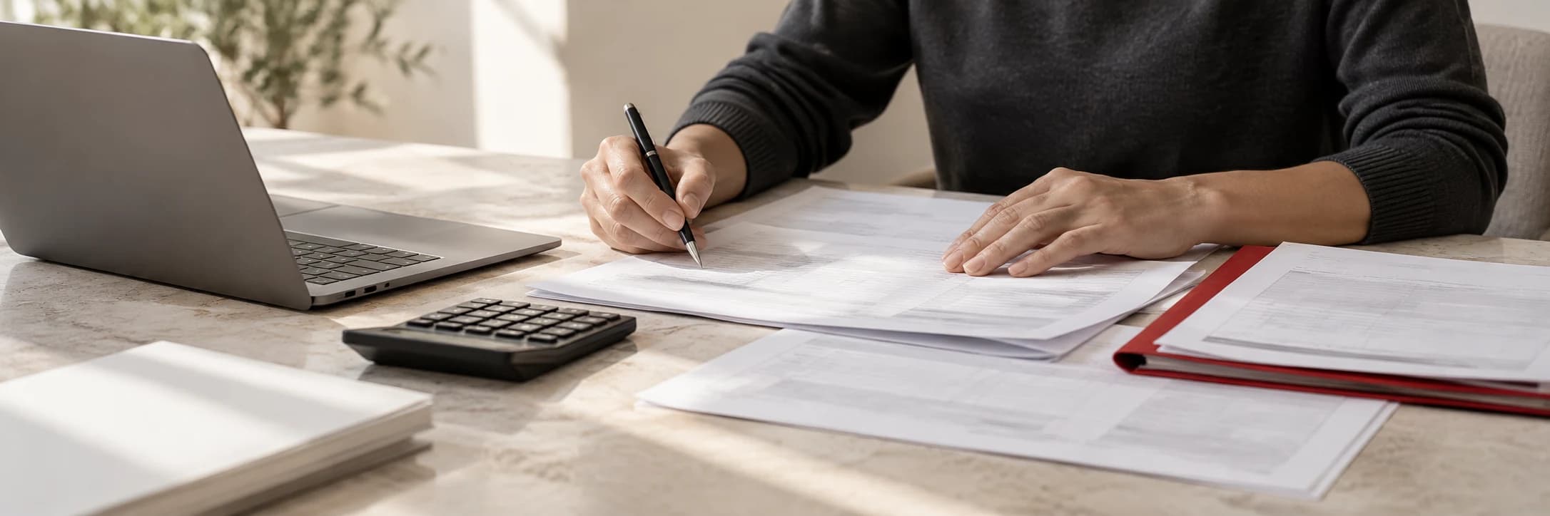 Illustrative accounting scene with hands reviewing paperwork beside a laptop and calculator.